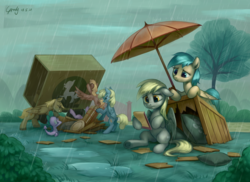 Size: 2797x2040 | Tagged: safe, artist:luciferamon, crafty crate, derpy hooves, spike, sunshower raindrops, twilight sparkle, dragon, pegasus, pony, unicorn, feeling pinkie keen, g4, background pony, cute, derpabetes, featured image, female, high res, i just don't know what went wrong, male, mare, oops my bad, rain, reality ensues, sad, scene interpretation, sitting, skywagon, stallion, sweet dreams fuel, this did not end well, this ended in pain, this will end in hospitalization, umbrella