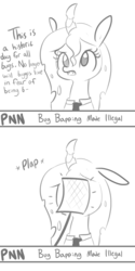 Size: 1650x3300 | Tagged: safe, artist:tjpones, queen chrysalis, changeling, changeling queen, g4, bap, bust, clothes, comic, dialogue, female, flyswatter, grayscale, high res, monochrome, necktie, onomatopoeia, simple background, solo, this will end in jail time, white background