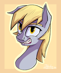 Size: 550x650 | Tagged: safe, artist:hc0, derpy hooves, pony, g4, bust, eyebrows, female, grin, portrait, sharp teeth, smiling, solo, teeth, toothy grin, underp