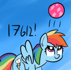 Size: 1360x1336 | Tagged: safe, artist:artiks, rainbow dash, pegasus, pony, g4, 30 minute art challenge, ball, bouncing, female, mare, record, simple background, solo
