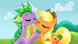 Size: 1280x720 | Tagged: source needed, safe, artist:siggie740, applejack, spike, dragon, earth pony, pony, fanfic:daughter of discord, g4, digital art, eyes closed, female, kissing, male, mare, ship:applespike, shipping, straight