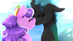 Size: 1280x720 | Tagged: safe, artist:zlayd-oodles, screwball, oc, oc:mothball, changeling, earth pony, hybrid, pony, fanfic:daughter of discord, g4, changeling oc, day, digital art, duo, eyes closed, female, interspecies offspring, kissing, male, mare, offspring, offspring shipping, parent:discord, parent:fluttershy, parent:queen chrysalis, parents:discoshy, ship:screwmoth, shipping, straight