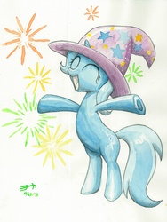 Size: 2250x3000 | Tagged: safe, artist:michiito, trixie, pony, unicorn, g4, clothes, female, fireworks, hat, high res, mare, solo, traditional art, trixie's hat