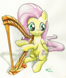 Size: 3270x3850 | Tagged: safe, artist:michiito, fluttershy, pegasus, pony, g4, female, folded wings, harp, high res, looking away, mare, musical instrument, sitting, smiling, solo, traditional art