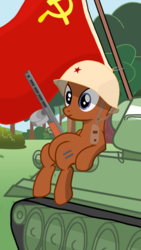 Size: 1500x2668 | Tagged: safe, artist:pizzamovies, derpibooru exclusive, pony, g4, the cutie map, background pony, blank stare, communism, equal cutie mark, female, flag, gun, hammer and sickle, helmet, mare, ppsh-41, riding, sitting, solo, soviet, t-34/85, tank (vehicle), war, weapon, world war ii