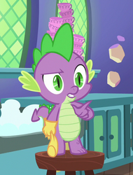 Size: 507x666 | Tagged: safe, screencap, spike, dragon, all bottled up, g4, season 7, claws, clothes, cropped, cup, dishes, gloves, kitchen, kitchen sink, male, pointing, solo, teacup