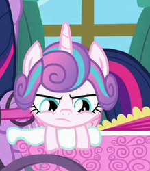 Size: 229x262 | Tagged: safe, screencap, princess flurry heart, twilight sparkle, alicorn, pony, a flurry of emotions, g4, season 7, baby, baby carriage, baby pony, bored, cropped, female, flurry heart is not amused, irritated, offscreen character, twilight sparkle (alicorn), unamused
