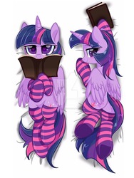 Size: 1024x1365 | Tagged: safe, artist:oofycolorful, twilight sparkle, alicorn, pony, g4, blushing, body pillow, body pillow design, book, butt, clothes, cute, deviantart watermark, female, heart eyes, looking at you, mare, obtrusive watermark, plot, socks, solo, striped socks, twiabetes, twilight sparkle (alicorn), watermark, wingding eyes