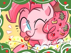 Size: 2048x1536 | Tagged: safe, artist:oofycolorful, pinkie pie, earth pony, pony, g4, :p, cute, female, happy holidays, looking at you, mare, one eye closed, silly, solo, tongue out, wink