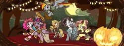 Size: 1280x480 | Tagged: safe, artist:oofycolorful, applejack, fluttershy, pinkie pie, rainbow dash, rarity, twilight sparkle, alicorn, earth pony, pegasus, pony, unicorn, g4, accessory theft, applejack's hat, armor, clothes, cowboy hat, cute, cute little fangs, dress, fangs, female, halloween, hat, holiday, jack-o-lantern, mane six, mare, nightmare night, pumpkin, tongue out, twilight sparkle (alicorn)