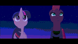 Size: 1920x1080 | Tagged: safe, screencap, tempest shadow, twilight sparkle, alicorn, pony, g4, my little pony: the movie, animated, broken horn, cute, duo, eye scar, female, horn, scar, smiling, twilight sparkle (alicorn)