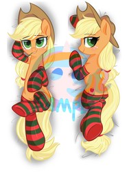 Size: 1536x2048 | Tagged: safe, artist:oofycolorful, applejack, earth pony, pony, g4, applejack's hat, body pillow, butt, clothes, cowboy hat, female, hat, looking at you, mare, plot, socks, striped socks, watermark
