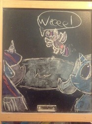 Size: 956x1280 | Tagged: safe, artist:thechalkponies, trixie, twilight sparkle, alicorn, pony, g4, chalk drawing, chalkboard, female, lesbian, ship:twixie, shipping, traditional art, twilight sparkle (alicorn), younger