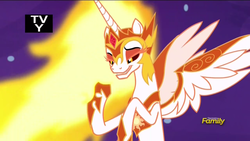 Size: 1366x768 | Tagged: safe, screencap, daybreaker, alicorn, pony, a royal problem, g4, armor, discovery family logo, female, mane of fire, mare, smiling, solo, tv rating, tv-y, when she smiles