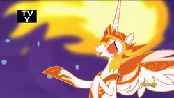 Size: 1366x768 | Tagged: safe, screencap, daybreaker, pony, a royal problem, g4, discovery family logo, fabulous, female, mane of fire, smiling, solo, tv rating, tv-y, when she smiles
