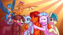 Size: 1024x576 | Tagged: safe, artist:klarapl, gallus, ocellus, sandbar, silverstream, smolder, yona, oc, oc:goldenfox, changedling, changeling, classical hippogriff, dragon, earth pony, griffon, hippogriff, pony, unicorn, yak, g4, abstract background, cloven hooves, commission, cuddling, cute, diaocelles, diastreamies, disgusted, dragoness, female, flying, gallabetes, hug, jewelry, male, necklace, pleased, sandabetes, smiling, smolderbetes, student six, sunburst background, teenager, wince, yonadorable