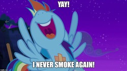 Size: 888x499 | Tagged: safe, edit, edited screencap, screencap, rainbow dash, pegasus, pony, g4, newbie dash, addiction, anti-smoking, engrish, female, healthy, image macro, mare, meme, nose in the air, recovery, spread wings, volumetric mouth, wings