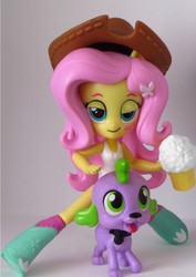 Size: 901x1271 | Tagged: safe, artist:whatthehell!?, fluttershy, spike, spike the regular dog, dog, equestria girls, g4, alcohol, alcoholic, beer, blushing, clothes, doll, drunk, drunkershy, equestria girls minis, eqventures of the minis, go home you're drunk, hat, irl, photo, ponied up, toy, wat, what has science done