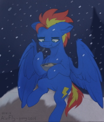 Size: 1862x2183 | Tagged: safe, artist:airfly-pony, derpibooru exclusive, oc, oc only, oc:wing hurricane, pegasus, pony, rcf community, cute, eating, kasha, large wings, male, mountain, sad, snow, snowfall, solo, spoon, wings