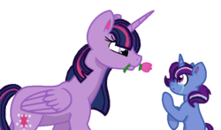 Size: 743x438 | Tagged: safe, artist:summersketch-mlp, twilight sparkle, oc, oc:dusk star, alicorn, pony, unicorn, kindverse, g4, base used, crying, female, flower, looking at each other, male, mother and son, parent:silver script, parent:twilight sparkle, parents:twiscript, simple background, transparent background, twilight sparkle (alicorn)