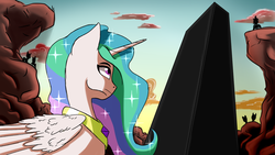 Size: 1280x720 | Tagged: safe, artist:3lorenzo3, princess celestia, alicorn, pony, my little brony risovach, g4, 2001: a space odyssey, crown, female, jewelry, looking up, mare, monolith, movie reference, regalia, silhouette