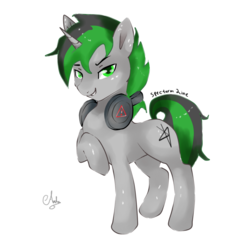 Size: 1200x1200 | Tagged: safe, artist:latia122, oc, oc only, oc:spectrum line, pony, unicorn, alternate cutie mark, commission, headphones, male, raised hoof, simple background, smiling, smirk, solo, transparent background