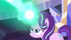 Size: 1366x768 | Tagged: safe, screencap, starlight glimmer, pony, unicorn, g4, my little pony: friendship is magic, uncommon bond, >:), determined, evil smile, female, laser, magic, magic blast, mare, smiling, smirk