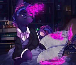 Size: 4200x3600 | Tagged: safe, artist:skylacuna, oc, oc only, oc:dawn, pony, unicorn, book, candle, commission, fire, glowing horn, handsome, horn, levitation, library, magic, male, professor, prone, shelf, solo, telekinesis