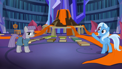 Size: 1366x768 | Tagged: safe, screencap, maud pie, trixie, g4, uncommon bond, board game, dragon pit, library, volcano