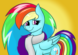 Size: 1024x720 | Tagged: safe, artist:cadetredshirt, rainbow dash, pegasus, pony, g4, alternate hairstyle, alternate universe, blue coat, clothes, commission, female, fluffy, long hair, never doubt blaa6 involvement, scarf, simple background, smiling, solo