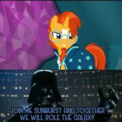 Size: 609x607 | Tagged: safe, artist:spike fancy, edit, edited screencap, screencap, sunburst, pony, g4, season 7, uncommon bond, darth vader, evil grin, evil sunburst, grin, male, meme, misspelling, smiling, star wars, star wars: the empire strikes back