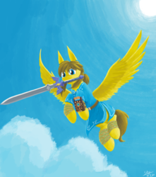 Size: 1324x1500 | Tagged: safe, artist:sunnytp, pegasus, pony, clothes, flying, link, master sword, mouth hold, ponies of the wild, ponified, solo, sword, the legend of zelda, the legend of zelda: breath of the wild, tunic, weapon
