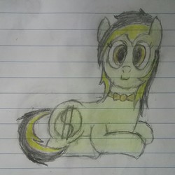 Size: 1440x1440 | Tagged: safe, anonymous artist, artist:anonymous, oc, oc only, oc:leslie fair, earth pony, pony, /mlpol/, bowtie, cute, female, lined paper, looking at you, prone, sitting, smiling, solo, traditional art