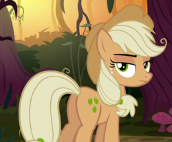 Size: 759x624 | Tagged: safe, screencap, mean applejack, earth pony, pony, g4, the mean 6, butt, clone, cropped, female, forest, freckles, hat, plot, raised eyebrow, solo, unamused