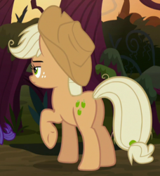 Size: 507x555 | Tagged: safe, screencap, mean applejack, earth pony, pony, g4, the mean 6, butt, clone, cropped, female, freckles, hat, plot, raised hoof, solo