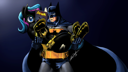 Size: 787x443 | Tagged: safe, artist:jonsson7, oc, oc:obabscribbler, earth pony, human, pony, batman, clothes, comic book, costume, female, holding a pony, mare