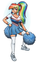 Size: 1000x1705 | Tagged: safe, artist:king-kakapo, rainbow dash, human, g4, abstract background, beautiful, breasts, busty rainbow dash, cheerleader, cheerleader outfit, cheerleader rainbow dash, clothes, cute, dress, female, humanized, miniskirt, moe, pleated skirt, pom pom, ponytail, rainbow dash always dresses in style, shoes, skirt, sneakers, socks, solo, thigh highs