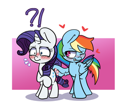 Size: 1518x1327 | Tagged: safe, artist:lou, rainbow dash, rarity, pegasus, pony, unicorn, g4, abstract background, blushing, butt touch, exclamation point, feathermarking, female, flirting, grin, heart, interrobang, lesbian, mare, one eye closed, question mark, ship:raridash, shipping, smiling, tchernobog isn't involved for once, wings, wink