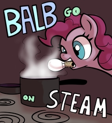 Size: 1906x2081 | Tagged: safe, artist:gsphere, pinkie pie, earth pony, pony, g4, female, lightbulb, mouth hold, pot, solo, steam, stove