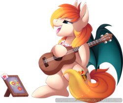 Size: 943x789 | Tagged: safe, artist:scarlet-spectrum, oc, oc only, bat pony, pony, bat pony oc, bat wings, commission, digital art, ear fluff, guitar, male, music, open mouth, photo, signature, simple background, solo, stallion, transparent background
