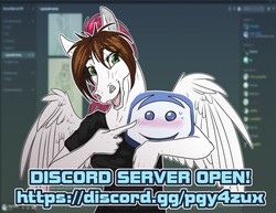 Size: 1280x988 | Tagged: safe, artist:sunny way, oc, oc only, oc:sunny way, horse, pegasus, anthro, rcf community, advertisement, boop, discord (program), discord server, female, hoers, info, logo, mare, open mouth, smiling, solo