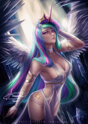 Size: 848x1200 | Tagged: safe, artist:axsens, princess celestia, alicorn, human, g4, alicorn humanization, arm behind head, armpits, beautiful, breasts, clothes, cutie mark on human, digital art, female, horn, horned humanization, humanized, looking at you, sexy, signature, solo, spread wings, stupid sexy celestia, winged humanization, wings