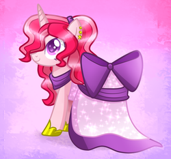 Size: 1254x1170 | Tagged: safe, artist:sugaryicecreammlp, oc, oc only, oc:lovebug, pony, unicorn, bow, clothes, dress, female, gala dress, mare, solo