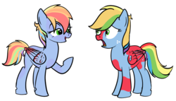 Size: 804x459 | Tagged: safe, artist:karmadash, oc, oc only, oc:zapple, oc:zappletta, pegasus, pony, artstyle evolution, colored wings, duo, female, mare, new design, offspring, old vs new, parent:big macintosh, parent:rainbow dash, parents:rainbowmac, redesign, self paradox, simple background, transparent background