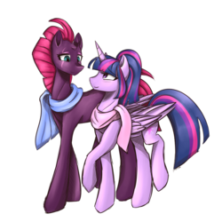 Size: 6000x6000 | Tagged: safe, artist:artdigistique14, fizzlepop berrytwist, tempest shadow, twilight sparkle, alicorn, pony, g4, absurd resolution, alternate hairstyle, clothes, female, lesbian, looking at each other, ponytail, scarf, ship:tempestlight, shipping, simple background, smiling, transparent background, twilight sparkle (alicorn)