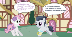 Size: 2260x1176 | Tagged: safe, artist:jawsandgumballfan24, rumble, sweetie belle, pegasus, pony, unicorn, g4, colt, cute, cutie mark, diamond ring, duo, engagement ring, female, filly, foal, happy, male, marriage proposal, ship:rumbelle, shipping, smiling, straight, surprised, this will end in marriage, wings