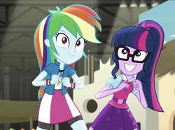 Size: 1443x1080 | Tagged: safe, screencap, rainbow dash, sci-twi, twilight sparkle, equestria girls, equestria girls specials, g4, movie magic, clothes, compression shorts, female, geode of super speed, geode of telekinesis, glasses, magical geodes, ponytail, shorts, skirt