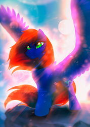 Size: 2352x3301 | Tagged: safe, artist:dolorosacake, oc, oc only, oc:night coder, pegasus, pony, determined, female, high res, light rays, mare, solo, spread wings, wings, ych result