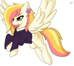 Size: 2412x2160 | Tagged: safe, artist:drarkusss0, oc, oc only, oc:sunset calendula, pegasus, pony, clothes, commission, female, flying, high res, hoodie, necklace, simple background, solo, spread wings, transparent background, wings