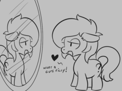 Size: 648x482 | Tagged: safe, artist:lockhe4rt, oc, oc only, oc:filly anon, pony, female, filly, heart, mirror, monochrome, narcissism, open mouth, reflection, simple background, smiling, solo